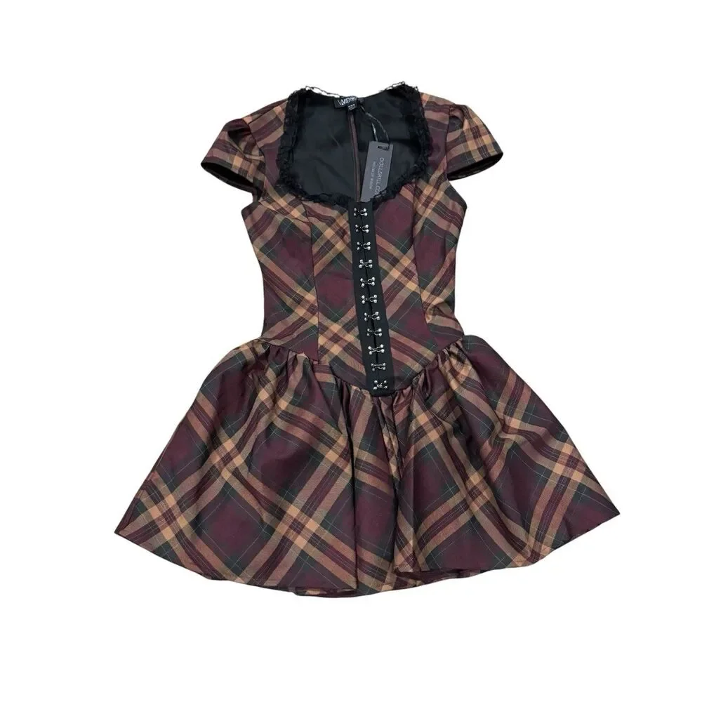 Widow Corset Mini Dress XXS Burgundy Plaid Hook & Eye Goth Punk Alt NWT - Picture 11 of 13